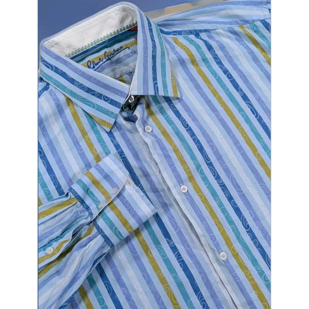 Robert Graham Shirt Men XL‎ Blue Green Striped Paisley Flip Cuff Oversized